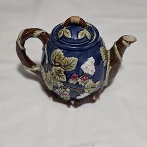 Majorca Vintage Hand Painted Stoneware Raspberry Blue Teapot Henriksen Imports
